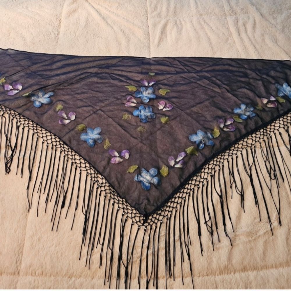 Floral Embroidered Sheer Triangle Shawl with Beads And Fringe
